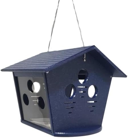 jcs wildlife enclosed bluebird feeder, keeps starlings and shown in use