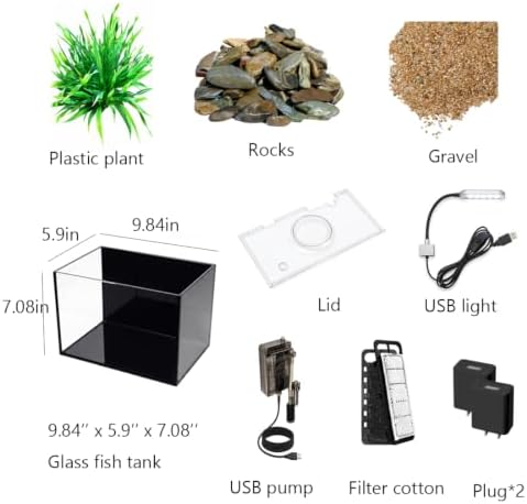 1.8 gallon fish tank with light,filter,lid,landscape accessories shown in use