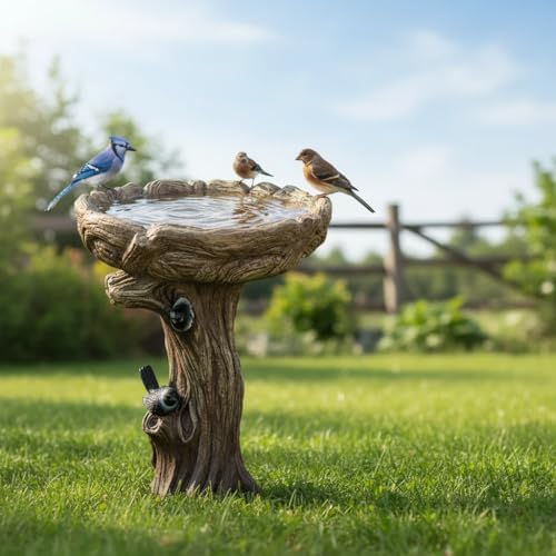 sunjet 23 inch high wood-look concrete bird bath shown in use