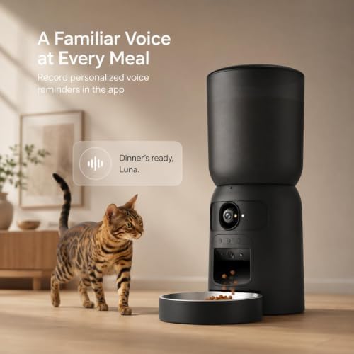 automatic cat feeder with camera, 2k wifi app-controlled, side view