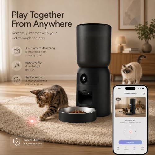 automatic cat feeder with camera, 2k wifi app-controlled shown in use