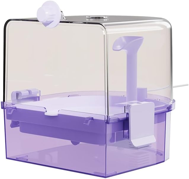 water circulation bird bath, hanging cage shower box(purple) shown in use