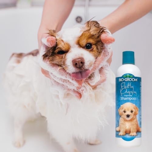 bio-groom fluffy puppy tear-free shampoo, dog bathing supplies shown in use