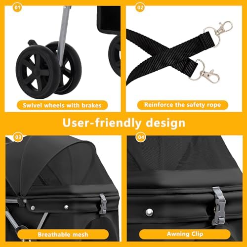 pet stroller for small/medium dogs and cats,black showing dimensions