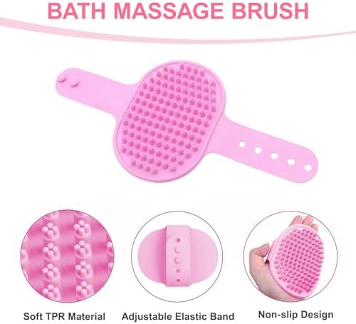 pink dog washing kit with brush, scrubber, gloves, side view