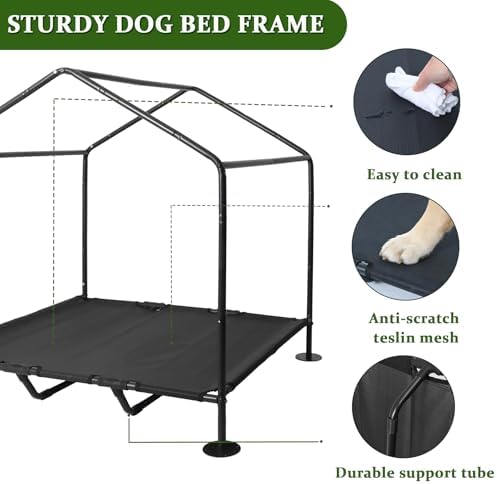 large dog canopy with elevated bed, outdoor dog, close-up detail