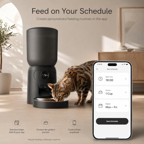 automatic cat feeder with camera, 2k wifi app-controlled showing dimensions