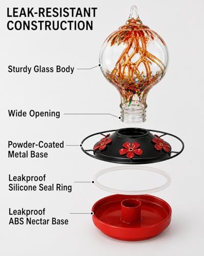 hummingbird feeder for outdoors, 34 oz hand-blown glass showing dimensions