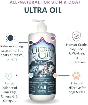 ultra oil skin and coat supplement for dogs shown in use
