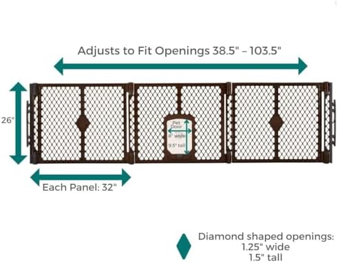 mypet extra wide dog gate with small pet showing dimensions