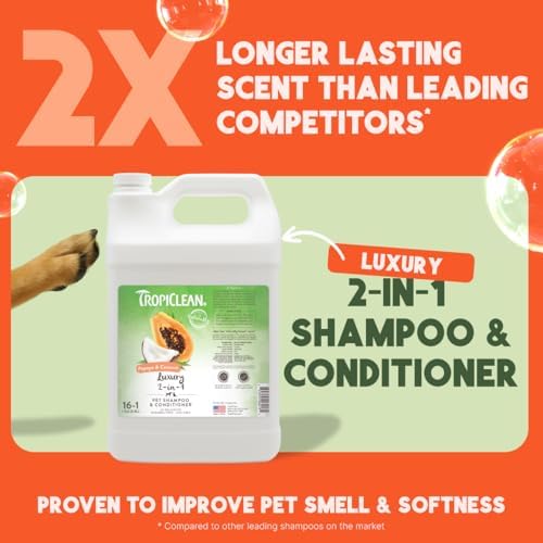 tropiclean 2-in-1 dog shampoo and conditioner, professional dog shown in use