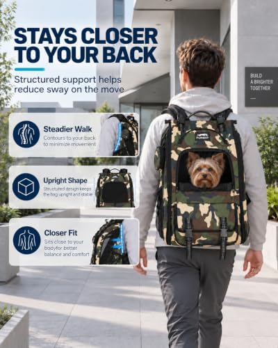 dog backpack carrier with ergonomic support, padded straps showing dimensions