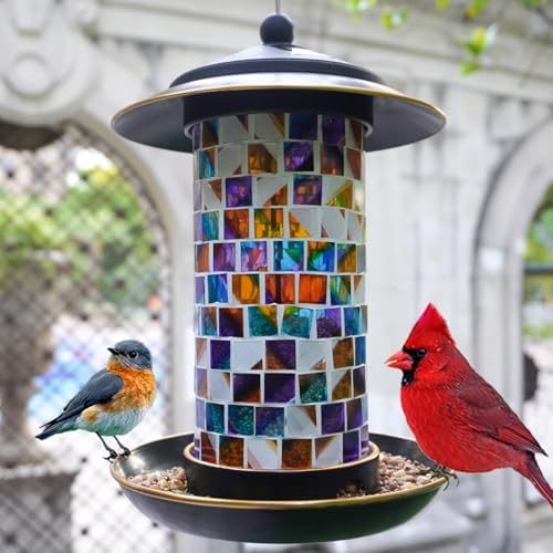 solar bird feeder with stained glass, easy clean shown in use