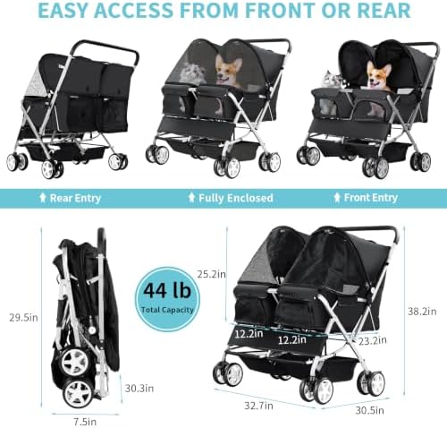 double pet stroller for 2 dogs & cats, front angle view