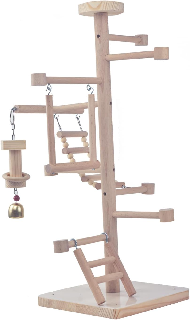 wood bird playstand with perch swing ladder chewing, close-up detail