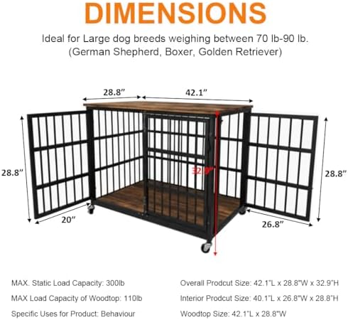 boldbone 42 inch dog crate furniture, heavy duty, side view