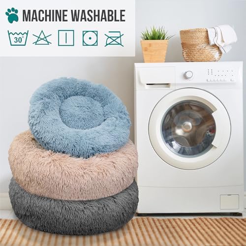petami calming donut dog bed, washable faux fur on a desk or shelf