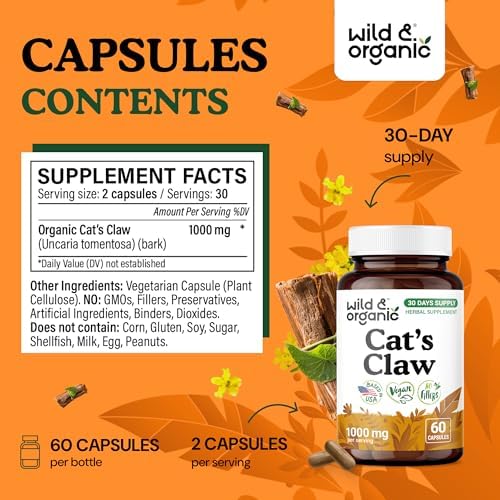 wild & organic cat's claw capsules 1000 mg, close-up detail