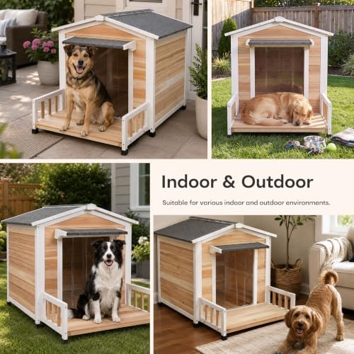 large dog house outdoor elevated wooden dog kennel, side view