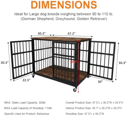 boldbone 48 inch dog crate furniture, heavy duty, side view