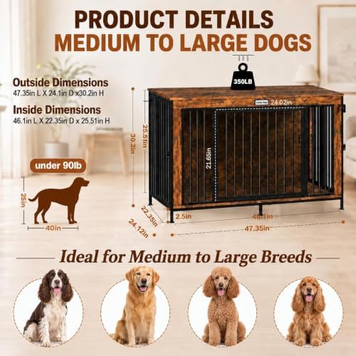 48" xl dog crate furniture for medium &, close-up detail