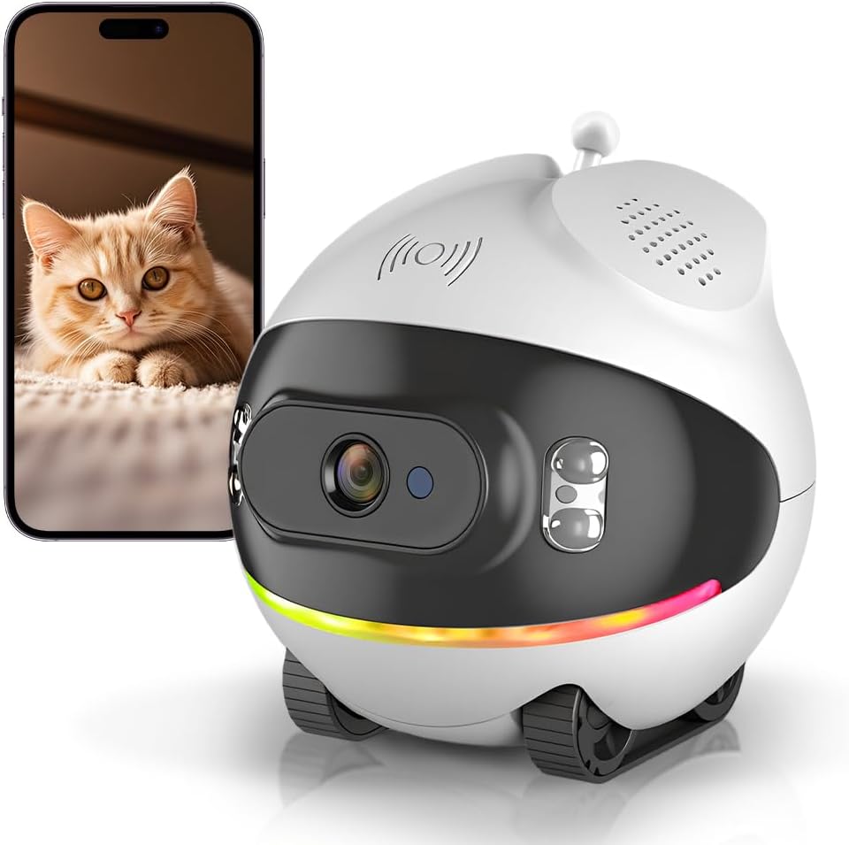 pet camera robot with cat teaser: battery-operated, movable, main product view