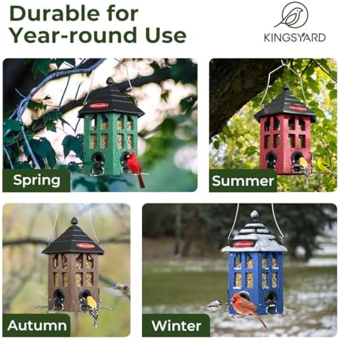 kingsyard hopper bird feeders for outdoors hanging, squirrel-proof showing dimensions