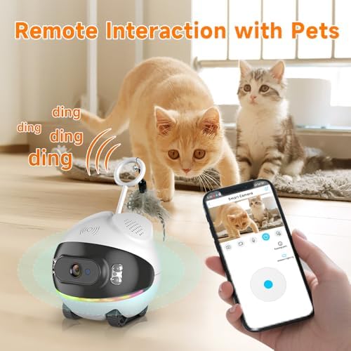 pet camera robot with cat teaser: battery-operated, movable shown in use