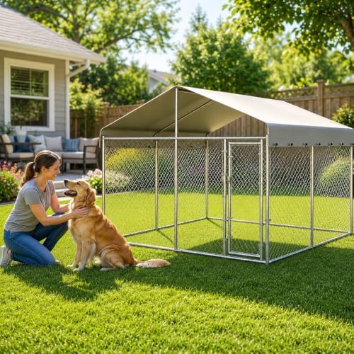 10'x10'x6.56' large outdoor dog kennel with roof, heavy shown in use
