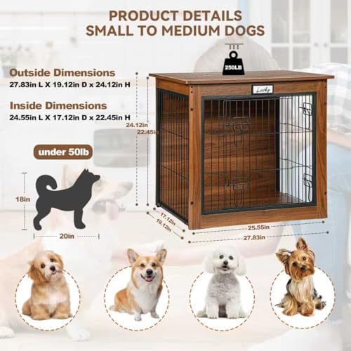 walnut dog crate furniture with reversible side door, close-up detail