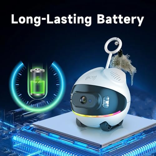 pet camera robot with cat teaser: battery-operated, movable showing dimensions