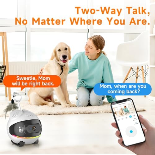 pet camera robot with cat teaser: battery-operated, movable, side view