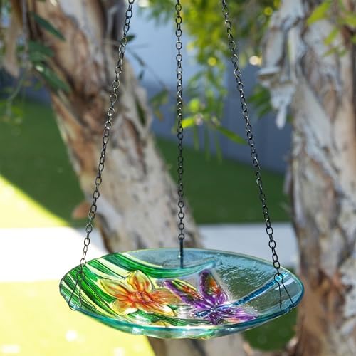 alpine corporation kbd158 outdoor hanging glass bird feeder shown in use