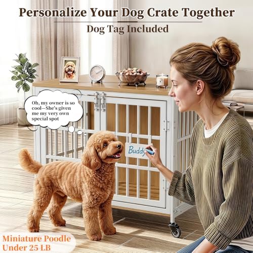 easycom 27in dog crate furniture with personalized name shown in use