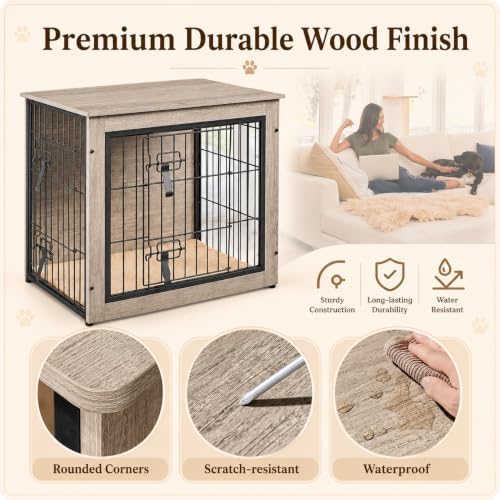 yaheetech 27.5in wooden dog crate furniture w/cushion for showing dimensions