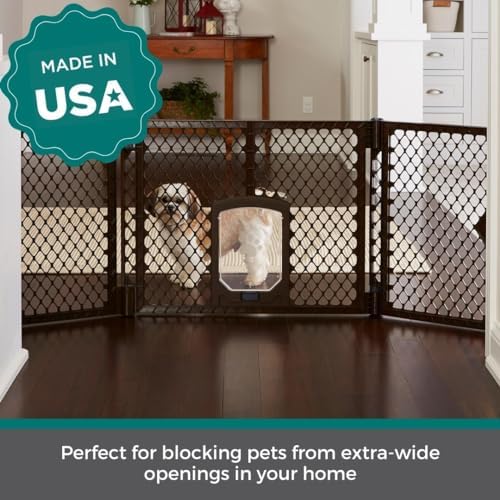 mypet extra wide dog gate with small pet shown in use