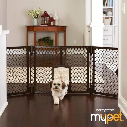 mypet extra wide dog gate with small pet, front angle view