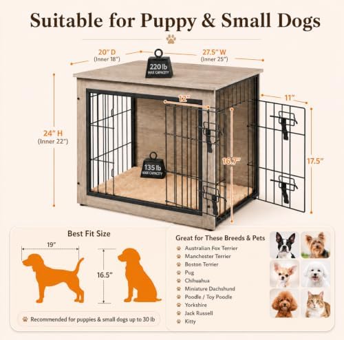 yaheetech 27.5in wooden dog crate furniture w/cushion for, close-up detail