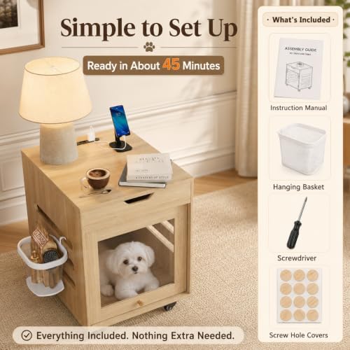 small dog crate furniture with flip-up glass door, front angle view