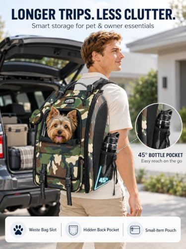 dog backpack carrier with ergonomic support, padded straps on a desk or shelf