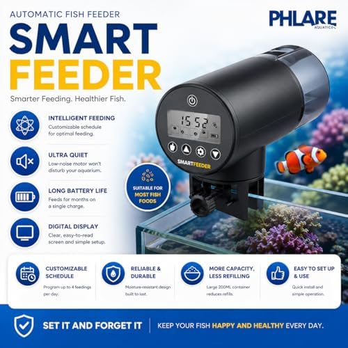 automatic fish feeder for aquariums & fish tanks shown in use