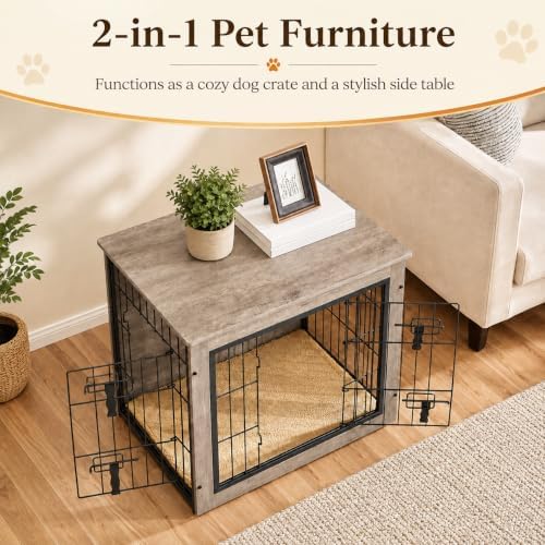 yaheetech 27.5in wooden dog crate furniture w/cushion for shown in use