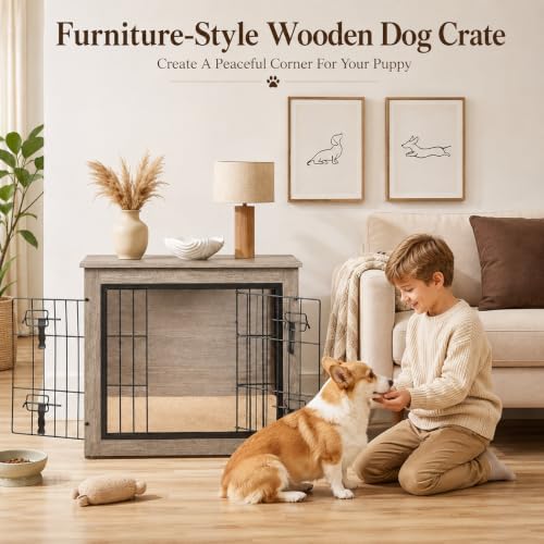 yaheetech 27.5in wooden dog crate furniture w/cushion for, view 9