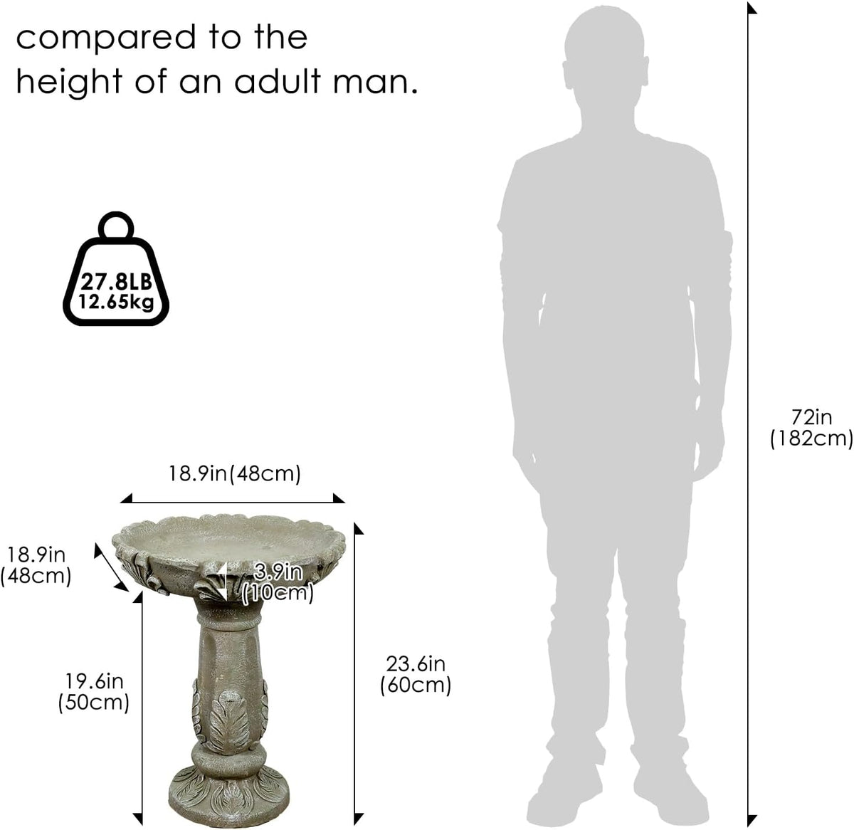 sunjet 23.6" outdoor fibre reinforced concrete birdbath, bird, side view