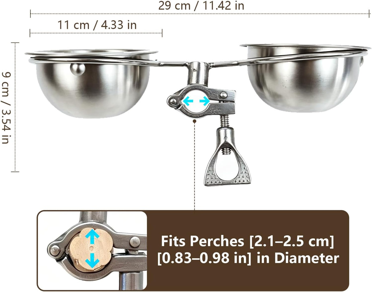anti-tip stainless steel parrot feeding cups locking clip shown in use