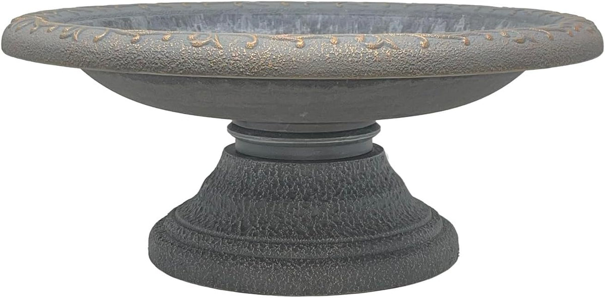 fiber clay birdbath, low-profile base, dove gray, 19", close-up detail