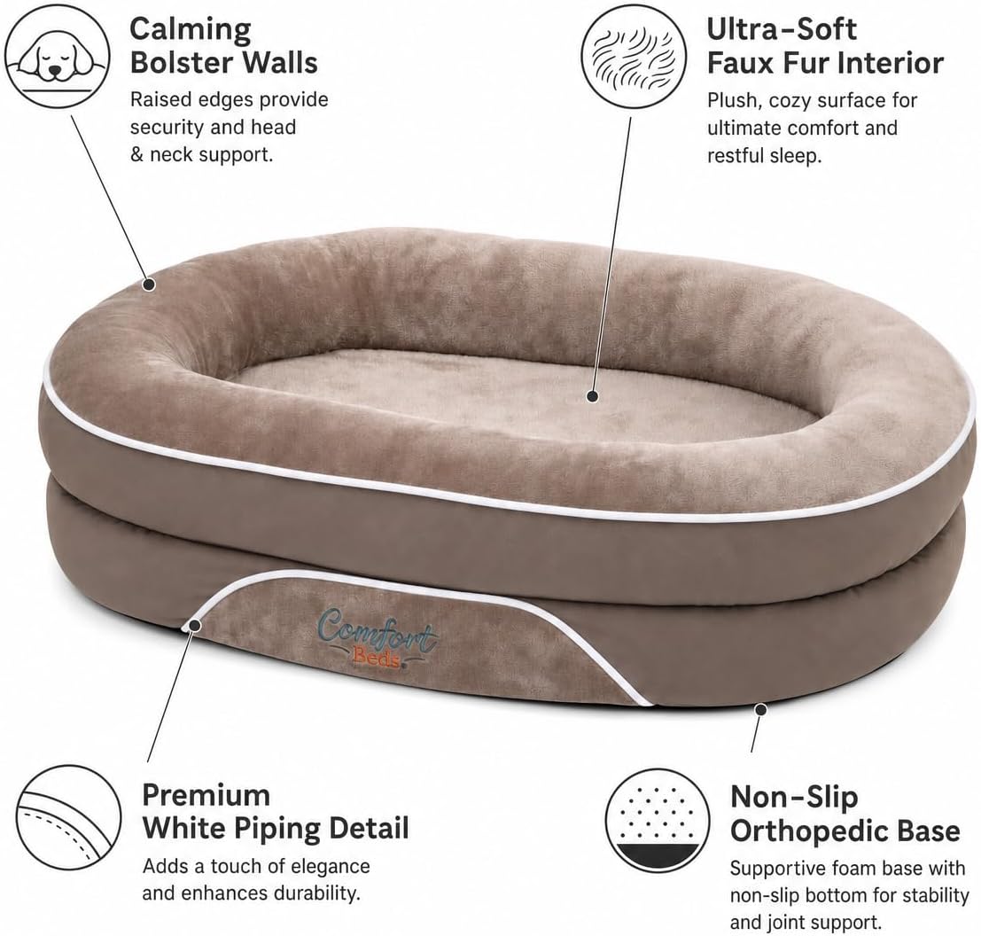orthopedic dog bed with calming bolster sides, faux shown in use