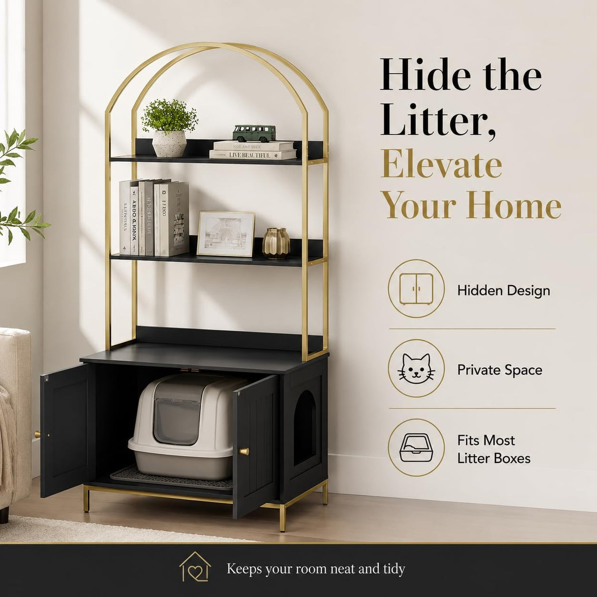 homhedy cat litter box enclosure with 2-tier shelves, close-up detail