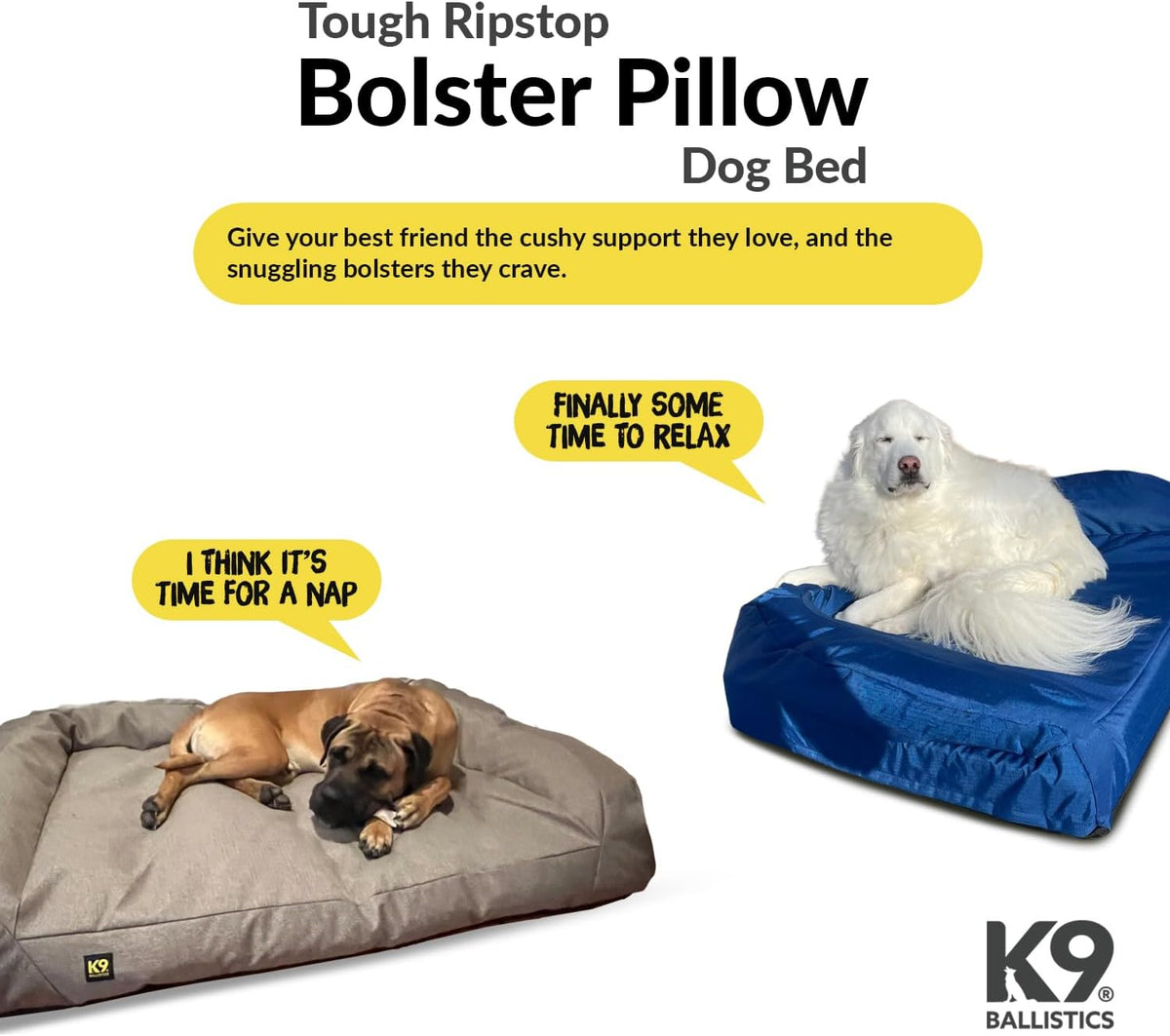 k9 ballistics tough ripstop bolster pillow dog bed shown in use