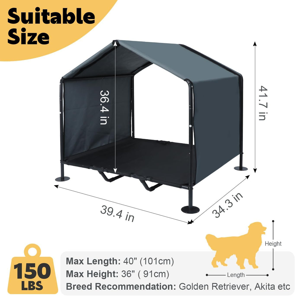 large dog shade with elevated dog bed, waterproof shown in use